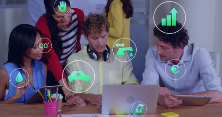 Poster - Image of eco icons and data processing over diverse business people in office