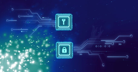 Aufkleber - image of nkey and padlock icons and digital data processing over blue background