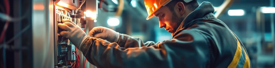 Poster - A person wearing a hard hat and safety gear works on industrial equipment