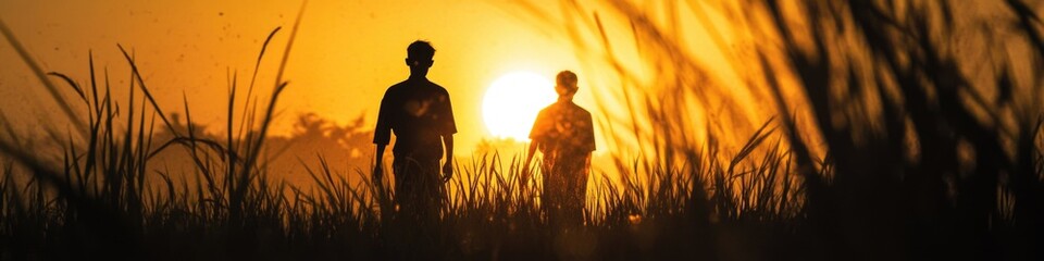 Aufkleber - A couple stands together in a green field as the sun sets behind them, casting a warm glow
