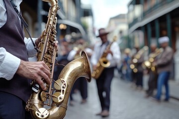 Poster - A musician plays saxophone on a bustling city street