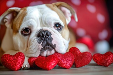 Poster - A brown and white dog lying down on a wooden floor, perfect for use in home or pet-related contexts