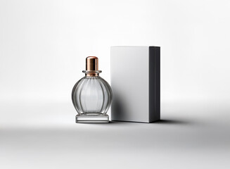 Poster - elegant glass perfume bottle with a copper cap stands beside a blank white box, all set against a so