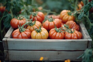 Canvas Print - Freshly harvested ripe tomatoes stored in a wooden box, great for kitchen or garden use