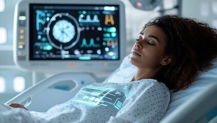 Aufkleber - Patient Resting with Futuristic Medical Monitoring Technology in Hospital Bed