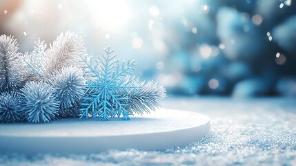 Poster - Snowy winter scene with snowflake and pine; product display
