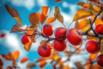 Aufkleber - A close-up shot of a variety of fruits growing on a tree branch, suitable for use in food or nature photography