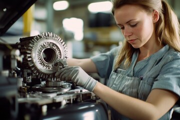 Aufkleber - A worker in a factory or manufacturing environment with machinery and tools, ideal for depicting industry, technology, or labor themes