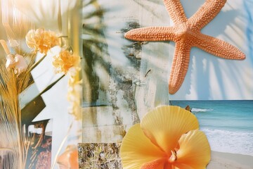 Poster - A collage featuring a beach scene, a starfish, and flowers