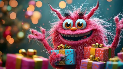 Poster - Festive pink monster holding gifts, Christmas lights background