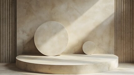 Wall Mural - Beige studio backdrop, circular display, sunlight, pillars, product presentation