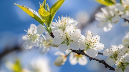 Poster - A close-up shot of a tree branch featuring white flowers, perfect for use in botanical or nature-inspired designs