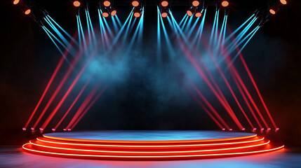 Aufkleber - A Photorealistic 3D Rendering of an Empty Stage Bathed in Vibrant Colors, Creating an Atmosphere of Anticipation and Excitement. The Spotlight Shines with a Cool Blue Hue, Contrasting with the Dynamic