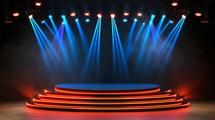 Aufkleber - A Photorealistic 3D Rendering of an Empty Stage Bathed in Vibrant Colors, Creating an Atmosphere of Anticipation and Excitement. The Spotlight Shines with a Cool Blue Hue, Contrasting with the Dynamic