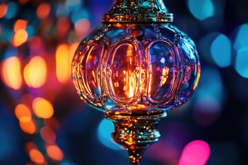 Poster - Close-up shot of a glass lamp with warm lighting in the background