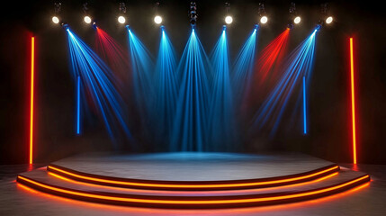 Aufkleber - A Photorealistic 3D Rendering of an Empty Stage Bathed in Vibrant Colors, Creating an Atmosphere of Anticipation and Excitement. The Spotlight Shines with a Cool Blue Hue, Contrasting with the Dynamic