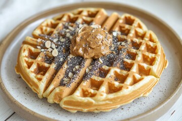 Poster - A single waffle served on a plate with a generous scoop of creamy peanut butter