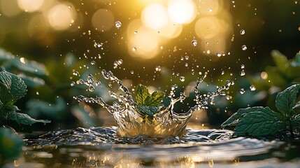 Poster - Sunset Water Splash with Mint Leaves in Garden