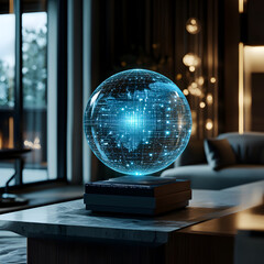 Poster - Futuristic Digital Sphere: A luminous digital sphere, pulsing with data streams and representing global connectivity, hovers gracefully above a table in a modern, minimalist interior setting.