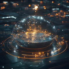 Fototapete - Digital Universe Enclosed: A futuristic composition showing a clear glass sphere encapsulating a glowing city, representing the digital world and its intricate networks.