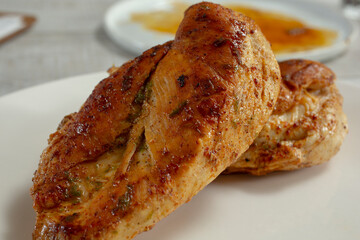 A closeup view of tequila lime chicken breasts.