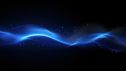 Poster - Abstract Blue Glowing Particle Waves Flowing Dynamically Across Dark Background, Creating a Mesmerizing Visual Display.