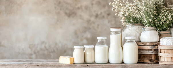 Fototapete - Local dairy products at the fresh market. A serene arrangement of milk jars and flowers on a rustic table, creating a warm, inviting atmosphere.