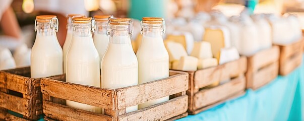 Fototapete - Local dairy products at the fresh market. Bottles of fresh milk displayed in wooden crates at a market, highlighting a rustic and organic ambiance.