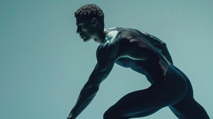 Poster - Athletic male in a dynamic pose showcasing strength and agility against a soft blue background