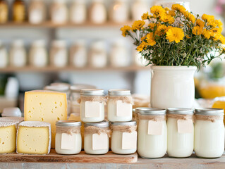 Fototapete - Local dairy products at the fresh market. A rustic display of artisanal cheeses and yogurt jars, complemented by a bouquet of bright yellow flowers in a simple vase.