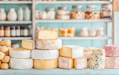 Fototapete - Local dairy products at the fresh market. A colorful display of various cheese types arranged on a rustic table, with jars and bottles in the background.