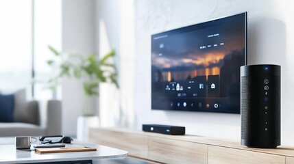 Smart Home System Displaying Sunset View On Television