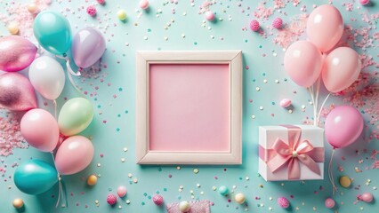 Poster - Pastel Balloons, Gift, and Blank Frame Festive Arrangement