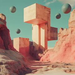 Poster - Surreal Desert Architecture: Geometric shapes dance amidst a desolate landscape, creating a mesmerizing interplay of form and texture, inviting viewers to contemplate the beauty of the unknown.