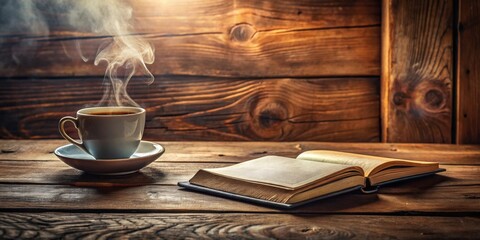 Poster - Aromatic Coffee Steam Rises Above a Mug Beside an Open Book on Rustic Wood