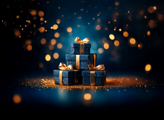 Sticker - elegant gift boxes with golden ribbons are stacked against a dark blue bokeh background with sparkle