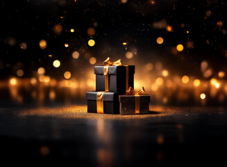 Sticker - elegant black gift boxes with golden ribbons stacked against a dark backdrop with golden bokeh light