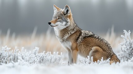 Naklejka na meble Coyote in snowy field, alertly gazes afar. Wildlife. Nature scene background