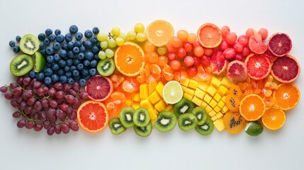 Wall Mural - Rainbow fruit arrangement, healthy eating, food photography, white background, vibrant colors, website banner