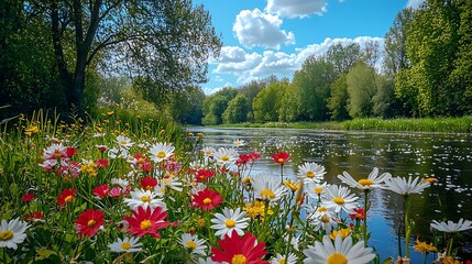 Canvas Print - Riverbank daisies, spring bloom, idyllic landscape, peaceful nature scene, travel brochure