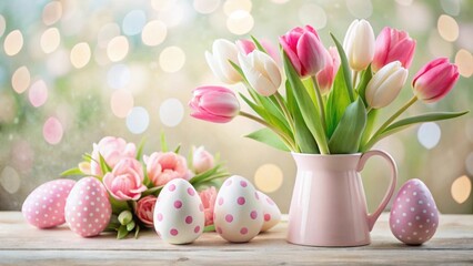 Poster - Pastel Tulips and Decorated Eggs in a Pink Pitcher on a Wooden Surface