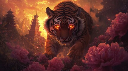 Wall Mural - Tiger prowls with glowing eyes among flowers with Asian temple in golden sunset. Illustration