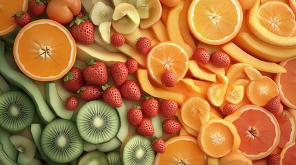 Wall Mural - Colorful sliced fruits, healthy food background, vibrant mix, flatlay