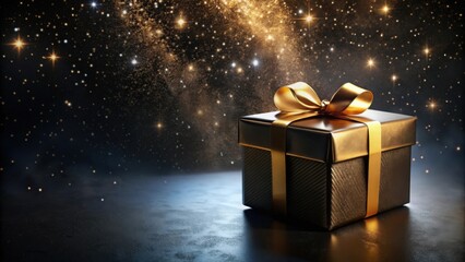 Wall Mural - A Luxurious Dark Gift Box with a Golden Bow Under a Sparkling Night Sky