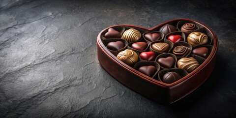 Poster - Aromatic Dark and Milk Chocolate Assortment in Heart-Shaped Box on Dark Surface