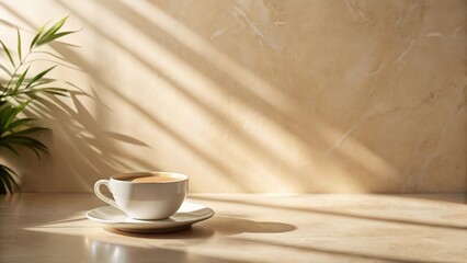 Poster - Morning Sunlight Illuminates a Coffee Cup on a Neutral Surface with a Tropical Plant Shadow