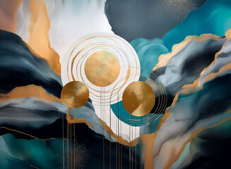 Aufkleber - abstract art featuring golden circles and lines layered on washes of teal, blue, and beige. modern, 