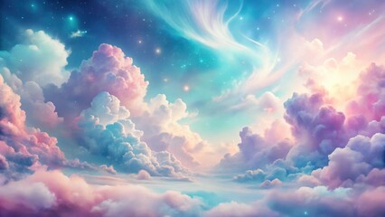 Poster - Dreamlike Cloudscape A Serene Celestial Panorama of Pastel Hues and Glimmering Stars