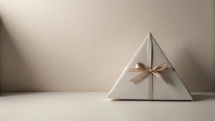 Aufkleber - A uniquely shaped gift box, triangular in form, rests elegantly on a neutral surface, adorned with a delicate ribbon.