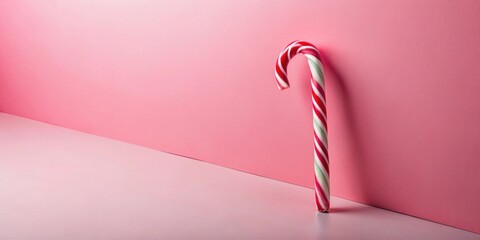 Poster - A single candy cane stands against a pale pink background, creating a simple yet festive composition.